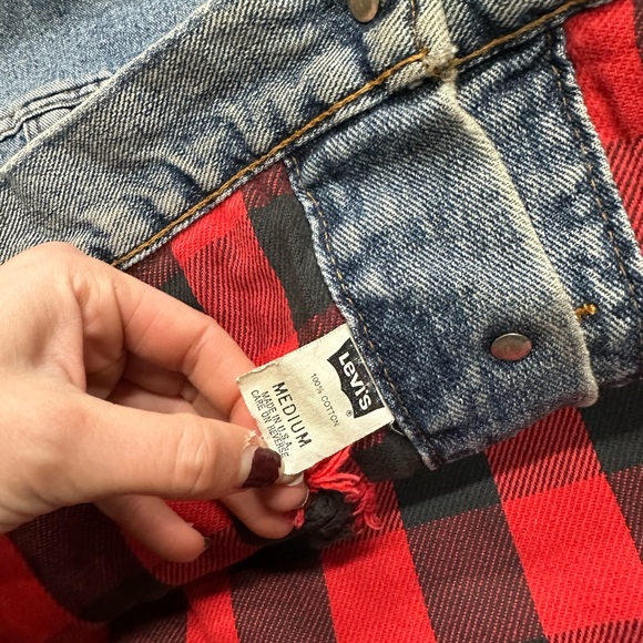 Levi’s Denim Buffalo Plaid Lined Trucker Jacket Mens Medium VTG 90s 80s Blue Red - Picture 5 of 12